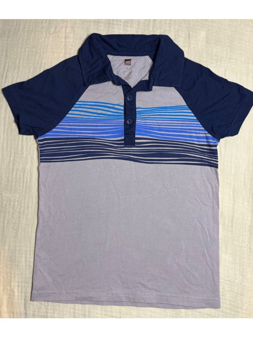 Blue & Gray Striped Boys Polo Shirt By Tea Collection Size 8 100% Cotton Short S